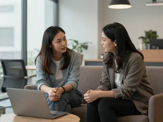Supportive conversation between colleagues in a quiet office