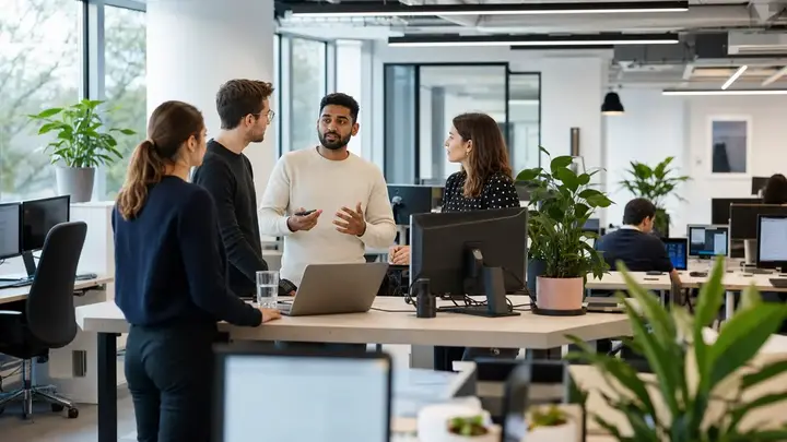 Digital healthcare team collaborating in a bright office