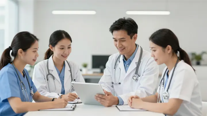 Clinical and patient care team reviewing a tablet