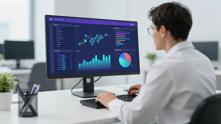 Digital healthcare analyst reviewing abstract dashboard charts